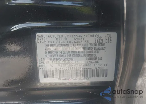 2020 Nissan Sentra Sv Xtronic Cvt z USA, uszkodzony, nr VIN 3N1AB8CV1LY215937